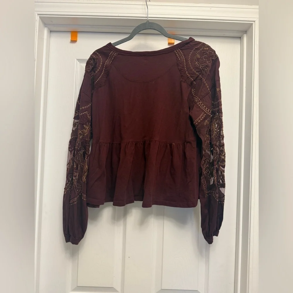 Free People Red Wine Embroidered Penny Tee Mesh Balloon Sleeve Top Size S
